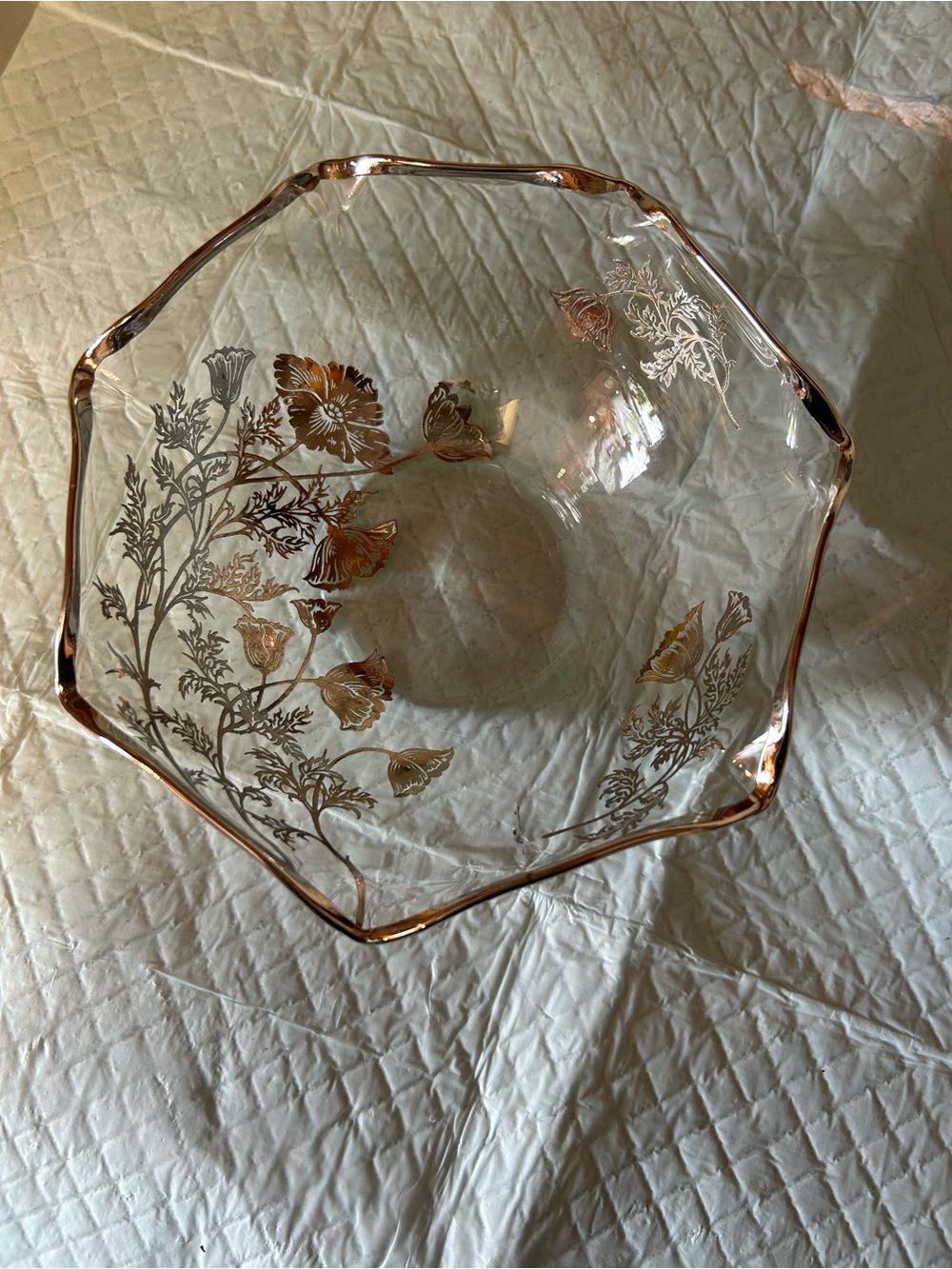 Octagonal Clear Glass Serving Bowl with Sterling Silver Floral Motif